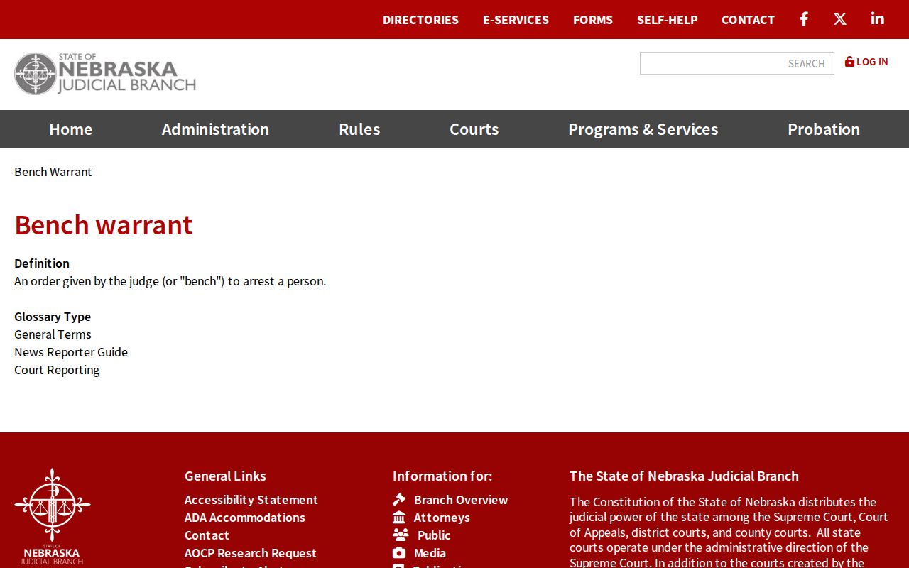 Platte County traffic warrant Nebraska Judicial Branch definition